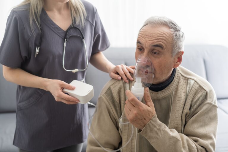 Elderly,Senior,Man,Nursing,Care,Wear,Oxygen,Inhaler,Device,For
